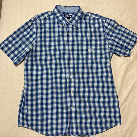 Chaps by Ralph Lauren Stretch Easy Care Plaid Button Up Shirt | Navy Blue Check - Picture 1 of 10